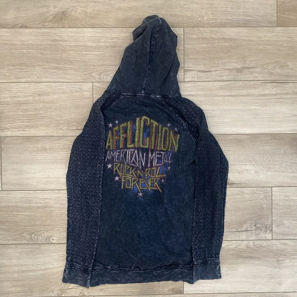 Affliction American Metal Stone Wash Pullover Hoodie Womens Medium Lace Arms Y2K - Picture 2 of 5